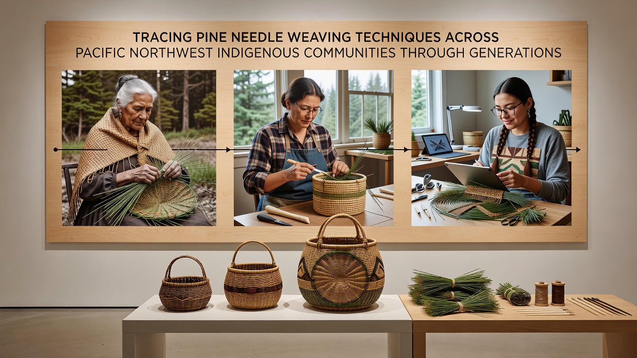 Group of Indigenous elders and youth participating in a pine needle weaving workshop inside a community longhouse